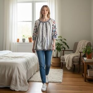 Soft Surroundings White Embroidered Floral Peasant Blouse XL 3/4 Sleeve Boho Top